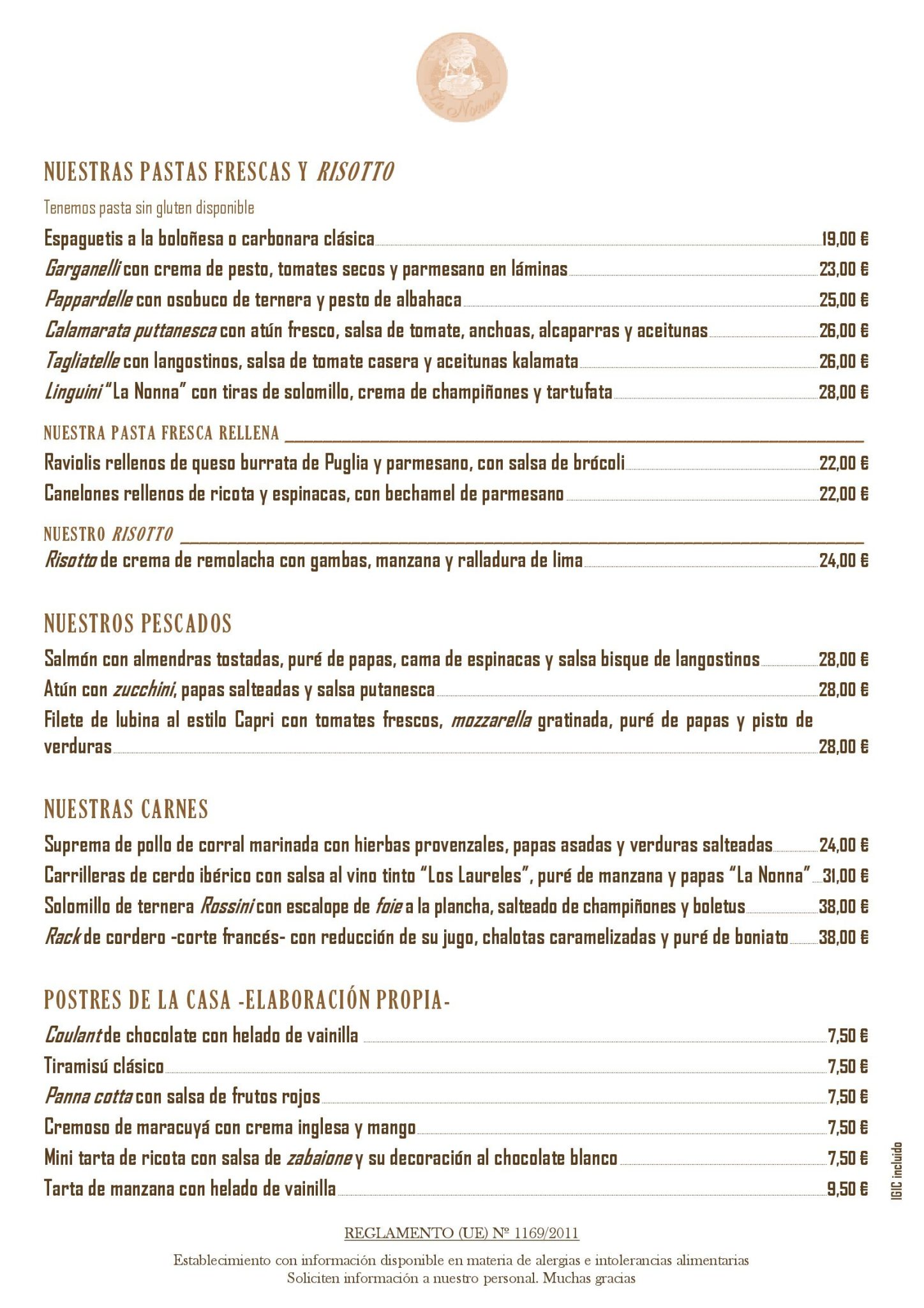 MENÚ - Restaurante La Nonna